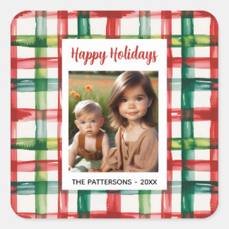 Custom Happy Holidays Fun Plaid Red Green Photo Square Sticker