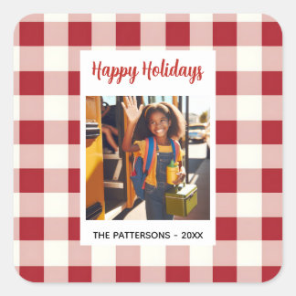 Custom Happy Holidays Fun Plaid Red White Photo Square Sticker