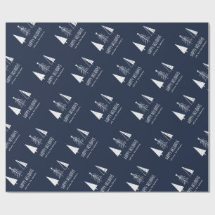 Custom Happy Holidays Navy Festive Spruce Wrapping Paper