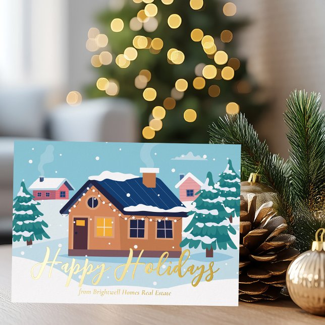 Custom Happy Holidays Real Estate Company Gold Foil Holiday Card (Creator Uploaded)