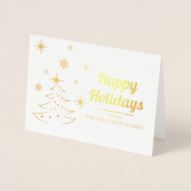 Custom Happy Holidays with Tree and Snowflakes Foil Card (Front)