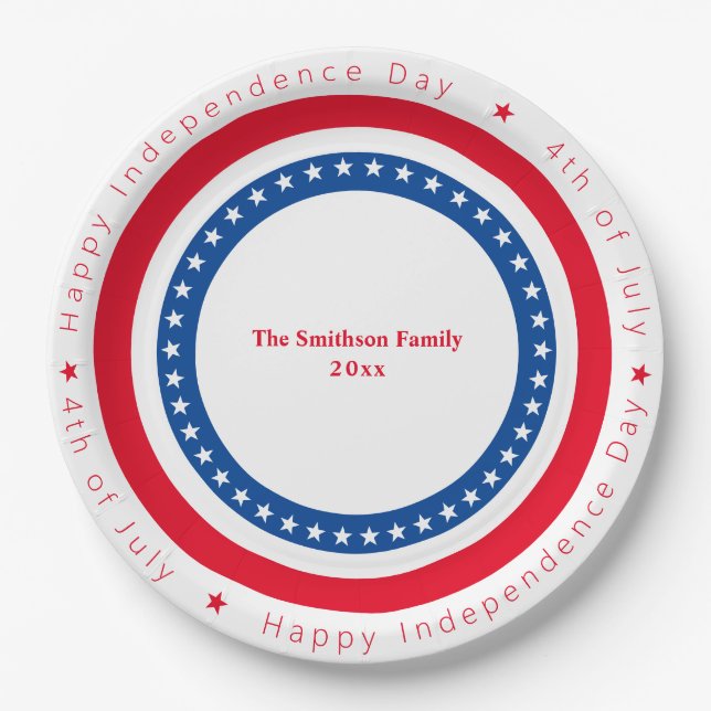 Custom Happy Independence Day Red White Blue Paper Plate (Front)