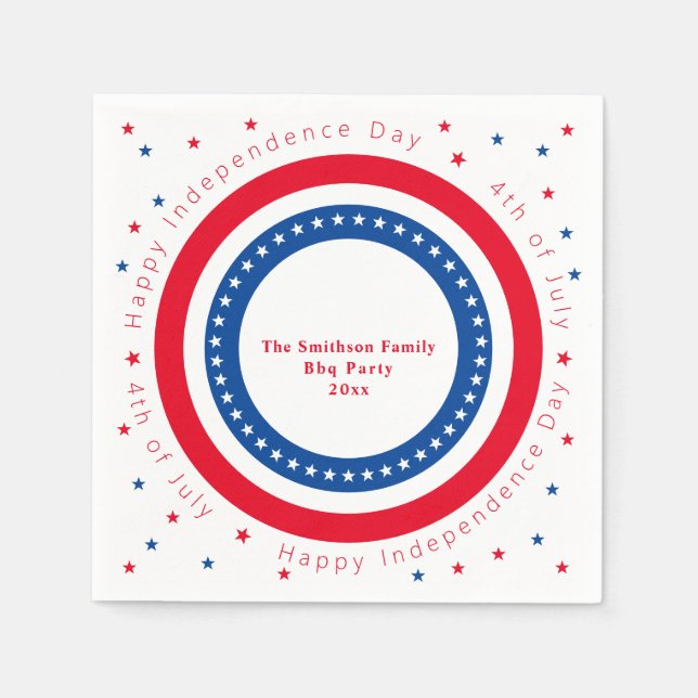 Custom Happy Independence Day Red White Blue Stars Napkin (Front)