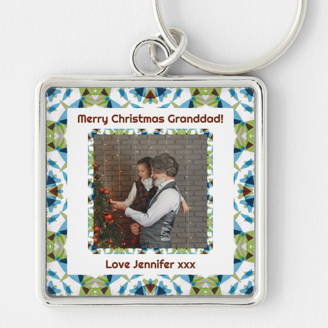 Custom Happy Merry Christmas Granddad Green Photo Key Ring (Front)