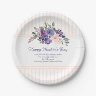 Custom Happy Mother's Day Watercolor Floral Stripe Paper Plate