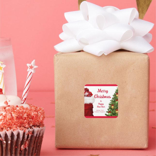 Custom Happy New Year Merry Christmas Red Square Sticker (Party)