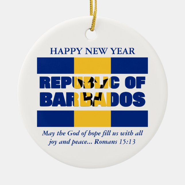 Custom Happy New Year Republic of Barbados Ceramic Tree Decoration (Front)