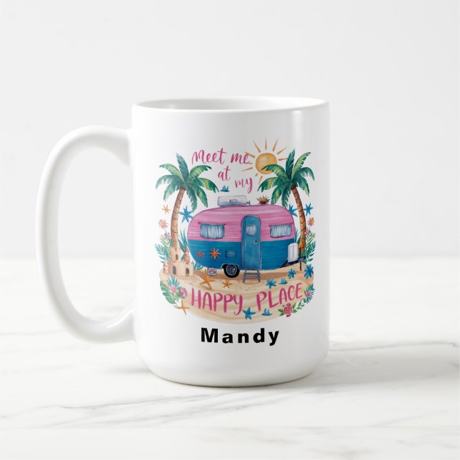 Custom Happy Place Travel Camping Coffee Mug (Left)