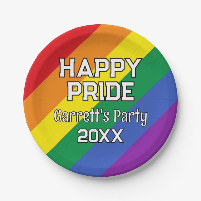 Custom Happy Pride LGBT Gay Pride Party Rainbow Paper Plate (Front)
