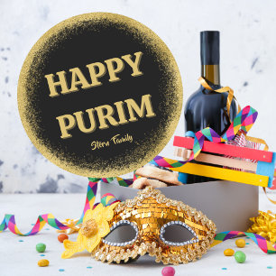 Custom Happy Purim Classic Gold Glitter Round Sticker