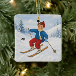 Custom Happy Skier Ceramic Ornament