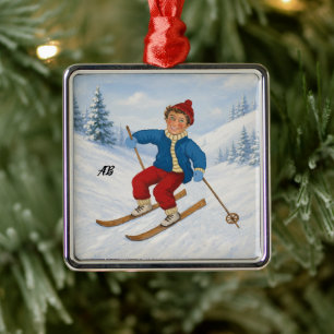 Custom Happy Skier Round Premium Metal Tree Decoration