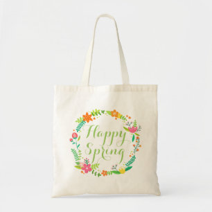 Custom Happy Spring Flowers Leaves Wreath Tote Bag