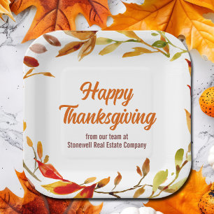 Custom Happy Thanksgiving Autumn Leaves Company Paper Plate