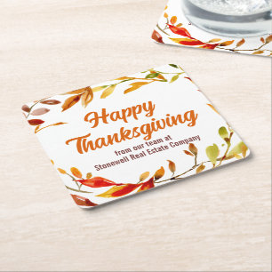 Custom Happy Thanksgiving Autumn Leaves Company Square Paper Coaster