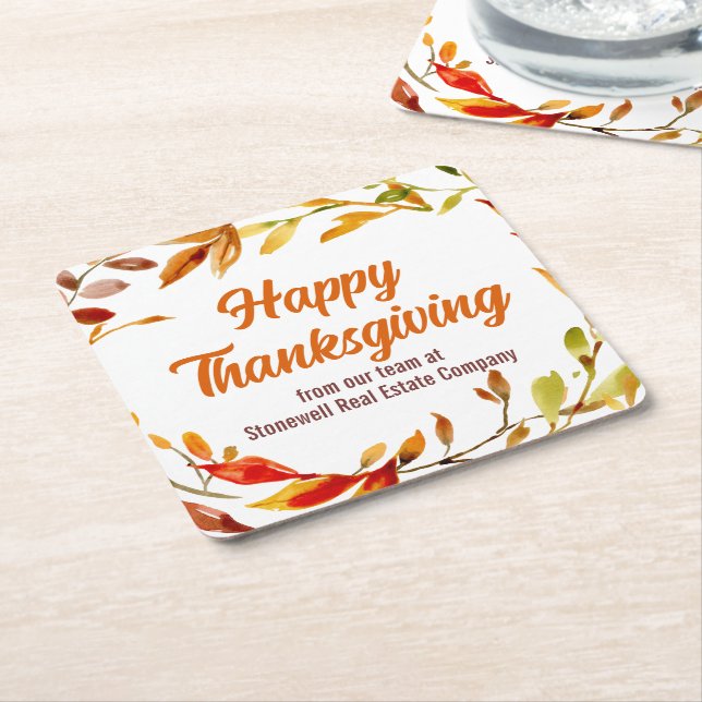 Custom Happy Thanksgiving Autumn Leaves Company Square Paper Coaster (Angled)