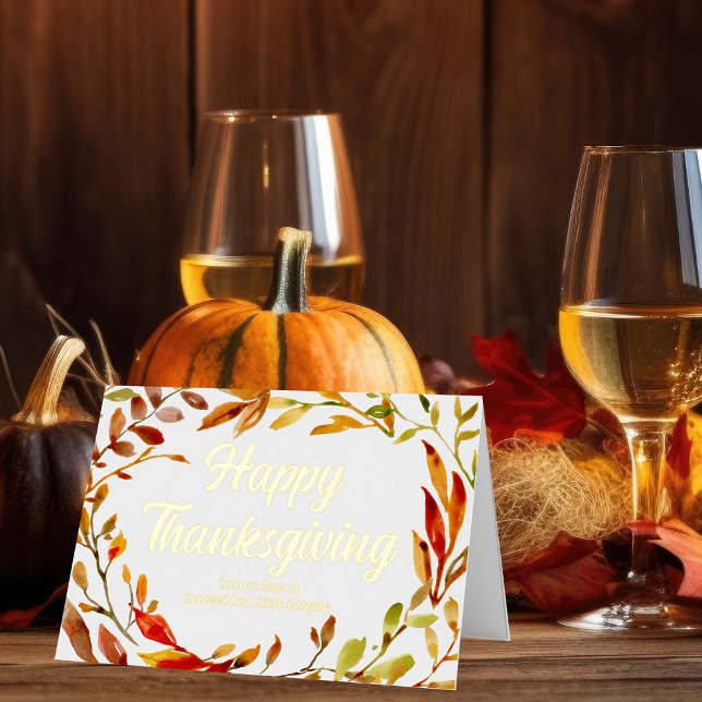 Custom Happy Thanksgiving Fall Leaf Business Gold Foil Holiday Card (Creator Uploaded)