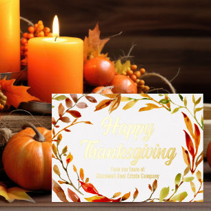 Custom Happy Thanksgiving Fall Leaves Company Gold Foil Holiday Card