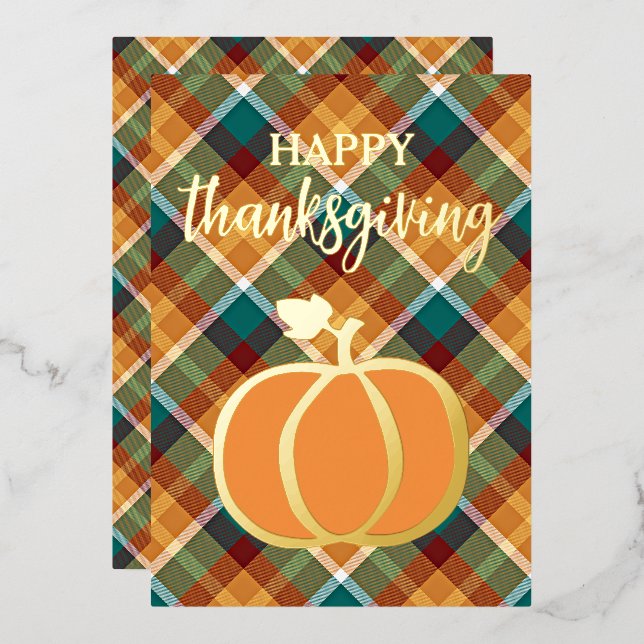 Custom Happy Thanksgiving On Autumn Plaid Pattern Foil Holiday Card (Front/Back)