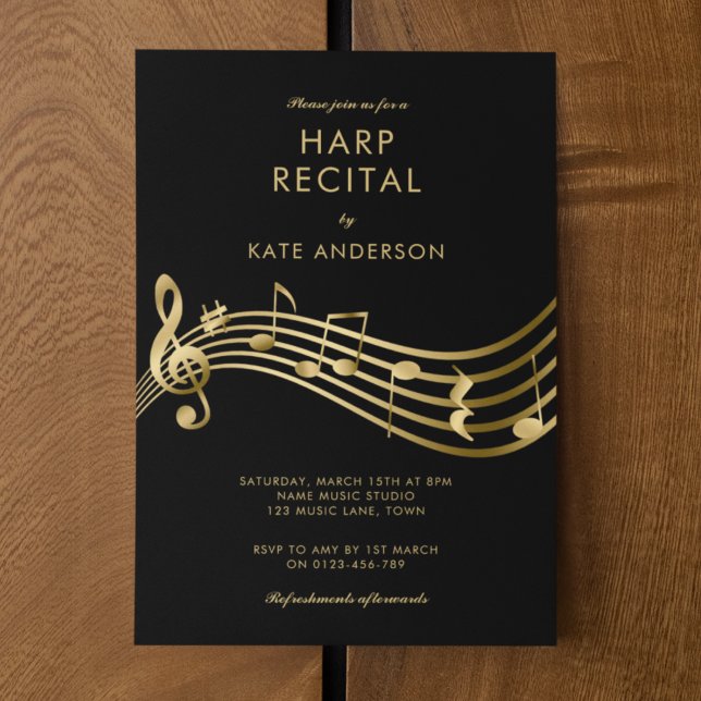 Custom Harp Recital Gold Music Notes Black Invitation (Creator Uploaded)