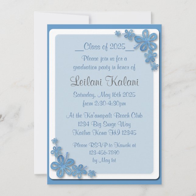 Custom Hawaii blue hibiscus graduation invitations (Front)