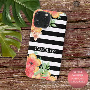 Custom Hawaii Flowers Black White Stripes Pattern Case-Mate iPhone 14 Pro Max Case