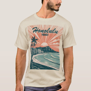 Custom Hawaii Honolulu Waikiki Beach Retro Travel T-Shirt