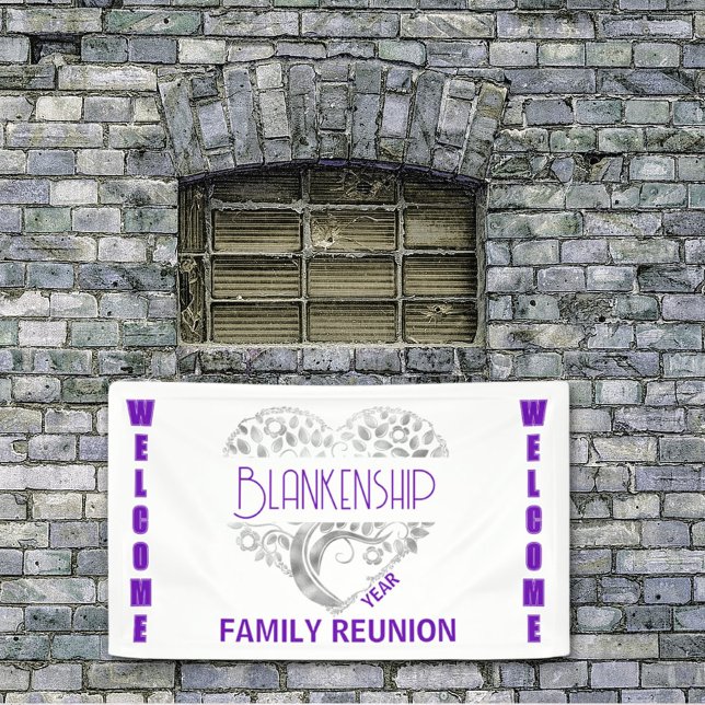 Custom Heart Art Tree White Purple Horizontal Banner (Direct and welcome the family to your next reunion with this purple and white banner. )