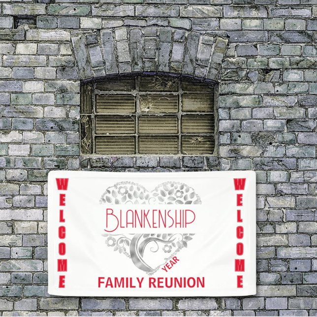 Custom Heart Art Tree White Red Horizontal Banner (Give your family a warm WELCOME at the reunion with a custom banner featuring a silver heart tree, )