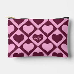 Custom Heart Checkerboard Pattern Bordeaux Pink - Accessory Pouch