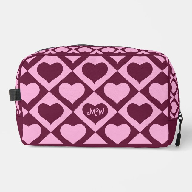 Custom Heart Checkerboard Pattern Bordeaux Pink -  Dopp Kit (Front)