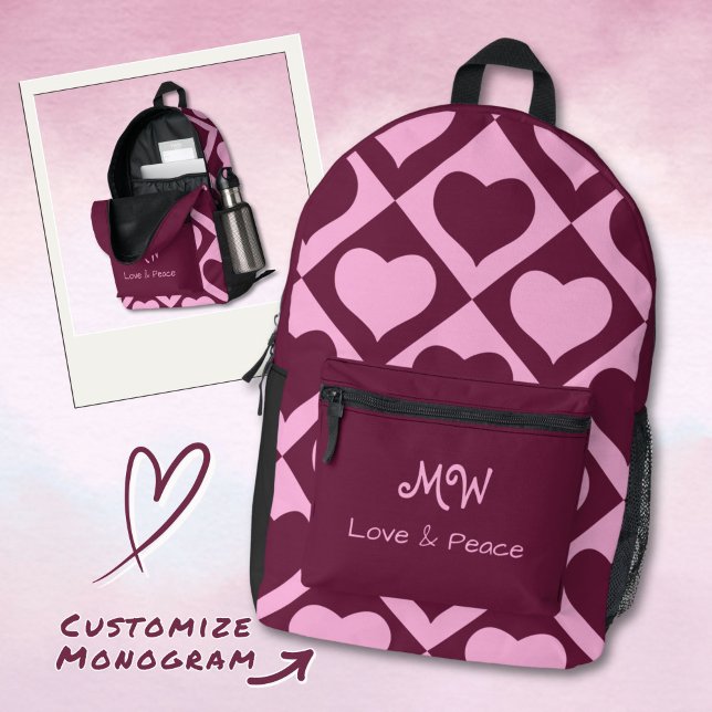 Custom Heart Checkerboard Pattern Bordeaux Pink -  Printed Backpack (Creator Uploaded)