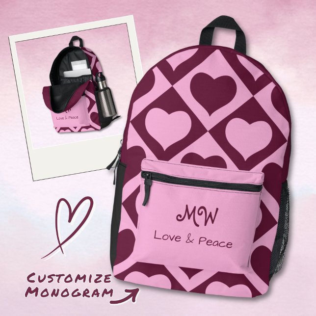 Custom Heart Chequerboard Pattern Pink Bordeaux -  Printed Backpack (Creator Uploaded)