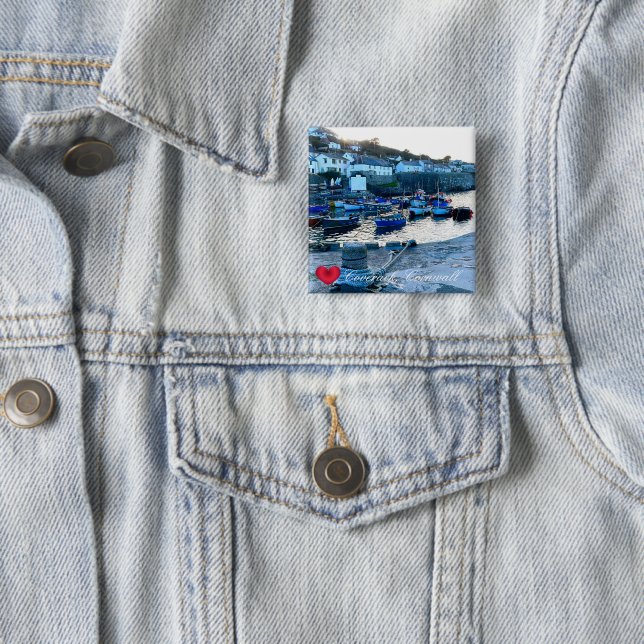 Custom Heart Coverack Harbour Dusk Cornwall Photo 15 Cm Square Badge (In Situ)