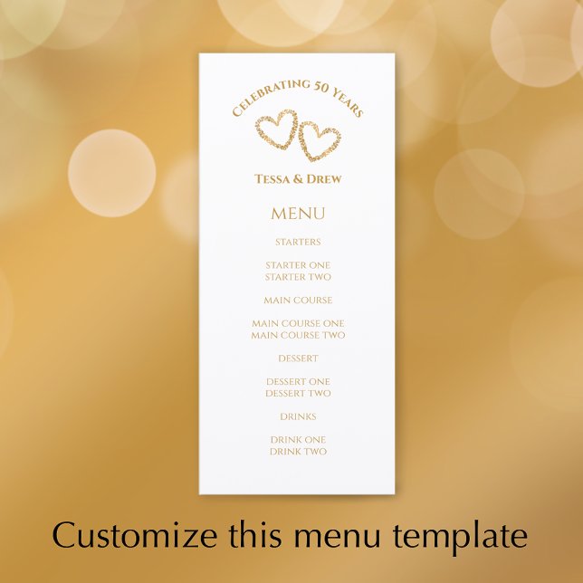 Custom Heart Golden 50th Wedding Anniversary Party Menu (Custom menu template, modern elegant golden hearts design 50th wedding anniversary party menu.
)