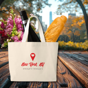 Custom Heart Map Marker City Name GPS Coordinates Large Tote Bag