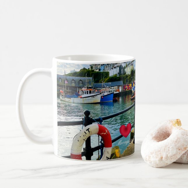 Custom Heart Mevagissey Harbour Lifebuoy Cornwall Coffee Mug (With Donut)