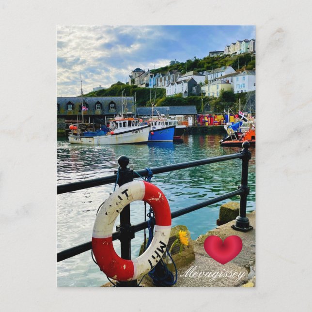 Custom Heart Mevagissey Harbour Lifebuoy Cornwall Holiday Postcard (Front)