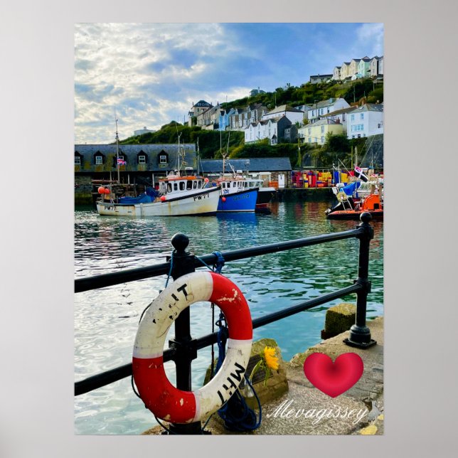Custom Heart Mevagissey Harbour Lifebuoy Cornwall Poster (Front)
