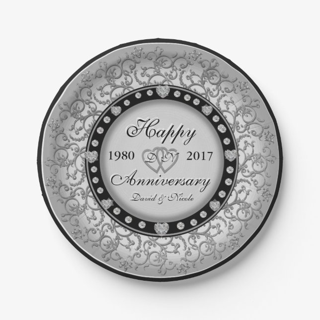 Custom Heart Monogram Ornamental Anniversary Paper Plate (Front)