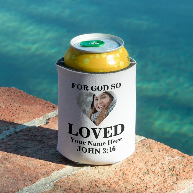Custom heart photo Christian Bible Verse John 3 16 Can Cooler (In Situ Pool)
