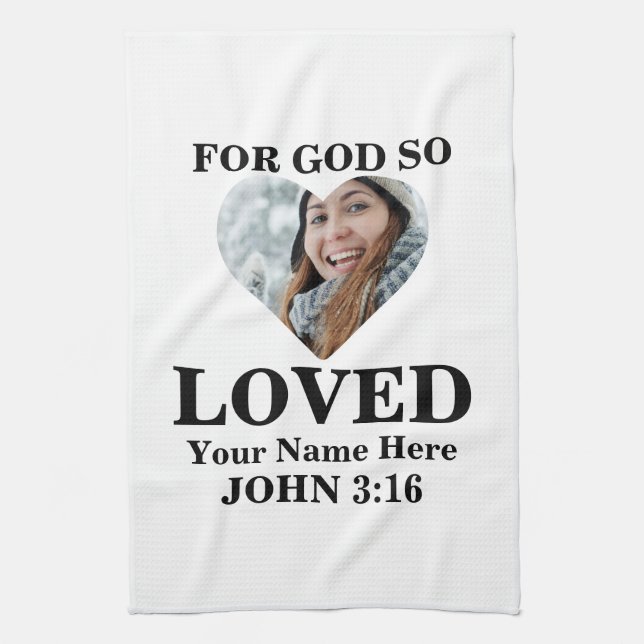 Custom heart photo Christian Bible Verse John 3 16 Tea Towel (Vertical)