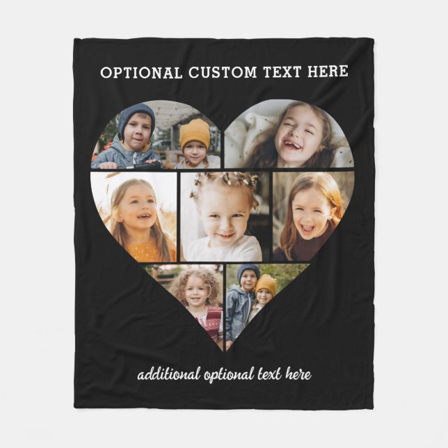 Custom Heart Photo Collage Black Instagram Fleece Blanket (Front)