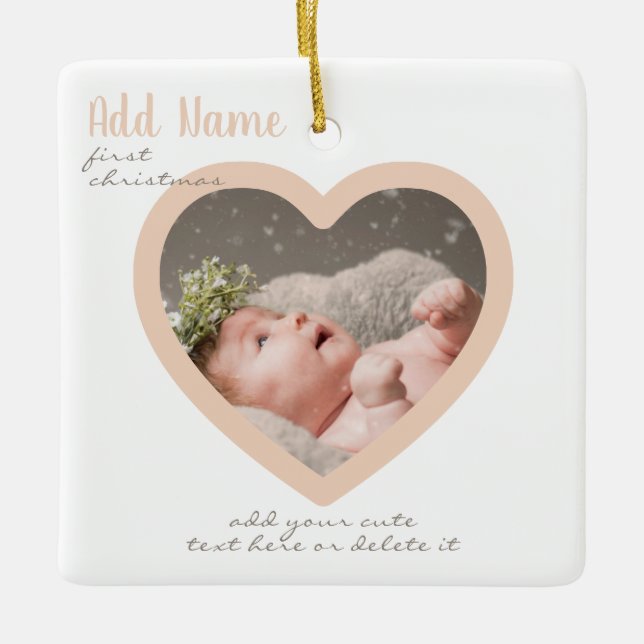 Custom Heart Photo Script Baby Girl 1st Christmas Ceramic Ornament (Front)