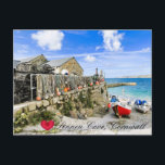 Custom Heart Sennen Harbour Boats Cornwall Photo Holiday Postcard<br><div class="desc">Customisable photos of Cornwall’s beauty, this one of a sunny morning at the picturesque fishing harbour of Sennen Cove on Cornwall's North Coast near Lands' End. Colourful boats are moored up the slip by the net loft atop Sennen Harbour walls, where lobster pots are stacked high and ropes and floats...</div>