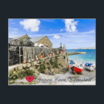 Custom Heart Sennen Harbour Boats Cornwall Photo Holiday Postcard<br><div class="desc">Customisable photos of Cornwall’s beauty, this one of a sunny morning at the picturesque fishing harbour of Sennen Cove on Cornwall's North Coast near Lands' End. Colourful boats are moored up the slip by the net loft atop Sennen Harbour walls, where lobster pots are stacked high and ropes and floats...</div>