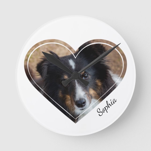 Custom Heart Shape Pet Photo & Personalised Text Round Clock (Front)