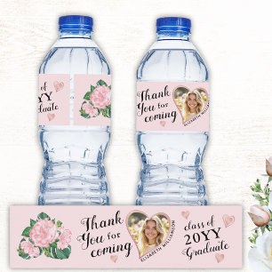 Custom Heart Shape Photo Pink Graduation Thank You Water Bottle Label
