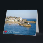 Custom Heart St Ives Harbour Pier Cornwall Photo Card<br><div class="desc">Customisable photos of Cornwall’s beauty, this one of a sunny morning at the picturesque fishing harbour of St Ives on the North Coast of Penwith. Colourful boats are moored by the pier on which are two lighthouses and piles of lobster pots. The working harbour is lined with old houses, shops,...</div>