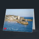 Custom Heart St Ives Harbour Pier Cornwall Photo Card<br><div class="desc">Customisable photos of Cornwall’s beauty, this one of a sunny morning at the picturesque fishing harbour of St Ives on the North Coast of Penwith. Colourful boats are moored by the pier on which are two lighthouses and piles of lobster pots. The working harbour is lined with old houses, shops,...</div>